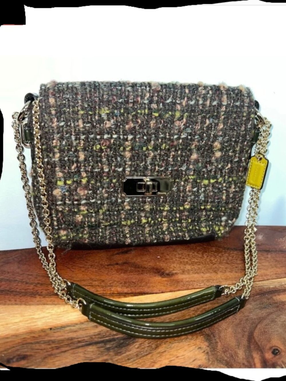 Coach Tweed Crossbody • Olive + Yellow Accents • COA • EUC • Classic Chic